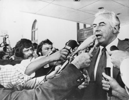 Former PM Gough Whitlam addresses reporters outside parliament in Canberra after his dismissal by the governor-general on 11 November 1975.