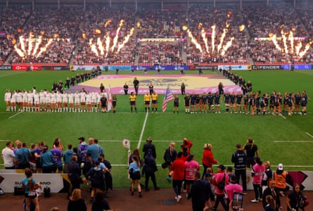 The players line up ahead the Women's Rugby World Cup 2025 Pool A match between England and USA.