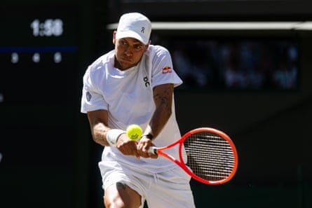 Flavio Cobolli plays a shot during his win against Alex de Minaur