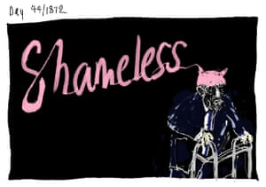 Harvey Weinstein using a walking frame and wearing a pussy hat with the word 'Shameless' coming out of it