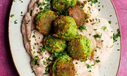 ‘Pop them from their papery skins before mashing’: edamame fritters, smoked cod’s roe cream.