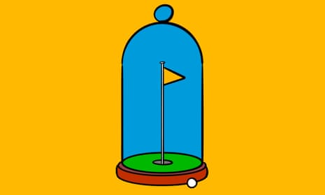 Glass dome with golf flag inside and ball outside, against yellow background