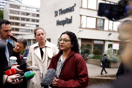 Sanaa Seif speaking to journalists outside hospital