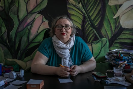 Marta Lempart, co-founder of All-Poland Women’s Strike movement, sits at her desk in Warsaw