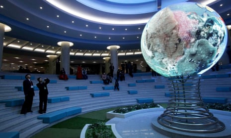 An illuminated globe at the Sci-Tech Complex in Pyongyang. Space officials are hard at work on a five-year plan to put more advanced satellites in to orbit. 