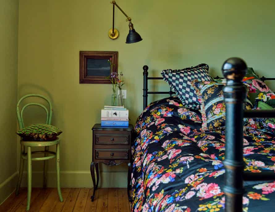 The guest bedroom in the home of fashion designers Justin Thornton and Thea Bregazzi in Walberswick, Suffolk