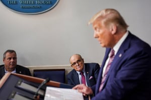 Former New Jersey Governor Chris Christie and former New York Mayor Rudy Giuliani listen as U.S. President Donald Trump speaks during a news conference in the Briefing Room of the White House on September 27, 2020 in Washington, DC. Trump is preparing for the first presidential debate with former Vice President and Democratic Nominee Joe Biden on September 29th in Cleveland, Ohio.