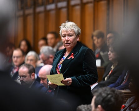Lady in black blazer with red ribbon on lapel holding a piece of paper in House of Commons