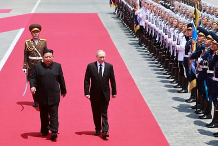 Kim Jong-un welcomes President Putin to Pyongyang during the Russian leader’s state visit to North Korea in June.