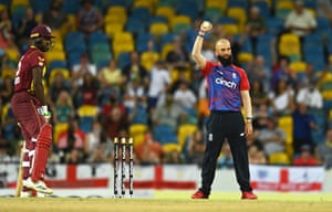 West Indies v England: men’s second T20 – live! | Sport 1 Moeen Ali of England celebrates the wicket of Jason Holder of West Indies.
