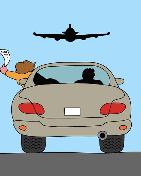 Illustration of car with a silhouette of an aircraft above it. Woman leaning out of the window of the car clutching a parking/drop-off fine