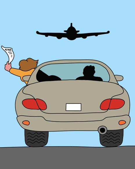 Illustration of car with a silhouette of an aircraft above it. Woman leaning out of the window of the car clutching a parking/drop-off fine