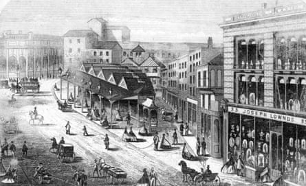 Black and white drawing of Manchester from Victorian era