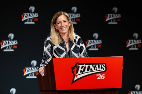 WNBA commissioner Cathy Engelbert speaks to reporters before Game 1 of the WNBA finals.