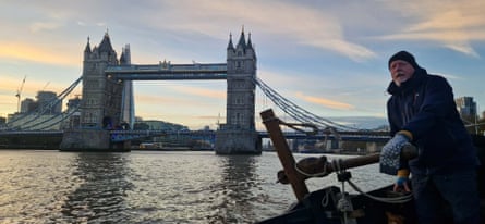 Lars Bill in the Viking longboat, near Tower Bridge.