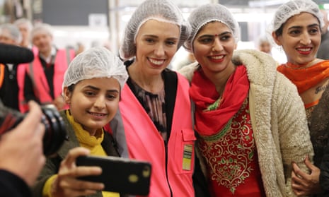 Prime Minister Jacinda Ardern meets and talks to staff during a visit to a factory in Tauranga