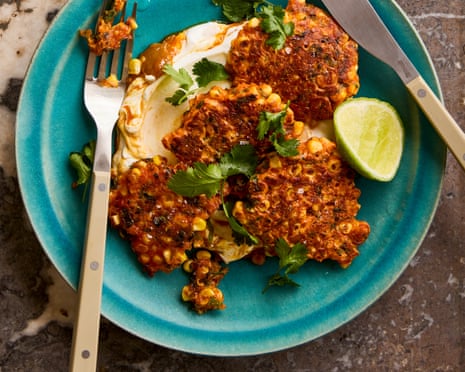 Kenji Morimoto's gochujang corn fritters with lime pickle yoghurt.