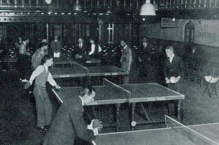 Competitors at the 1926 World Table Tennis Championships at Memorial Hall in Farringdon, London. The tables were made by J. Jaques & Son