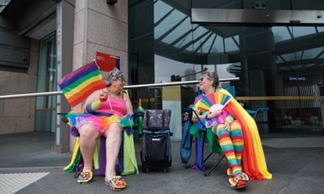 Daphne McDonald and Angela Korte ahead of the 46th annual Gay and Lesbian Mardi Gras parade on Oxford Street in Sydney, Saturday, March 2, 2024. (AAP Image/Paul Braven) NO ARCHIVING