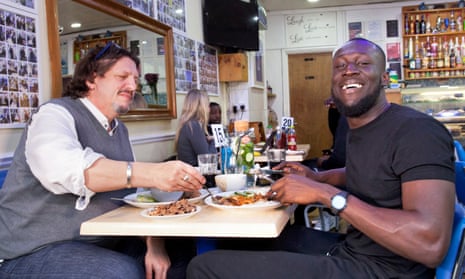 ‘I leave Stormzy in charge of over-ordering’: Jay Rayner and Stormzy at the Bluejay Cafe, South Norwood.
