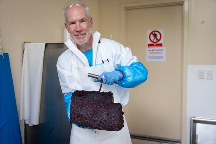 Dissecting the world’s rarest whale – in pictures Dr Alex Werth, a biology professor at Virginia's Hampden-Sydney College in the US, holds part of the epaxial muscle on a blubber hook, showing how dark it is from the myoglobin.Photograph: Derek Morrison