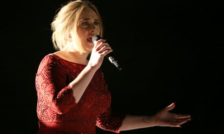 Adele performs at the 58th annual Grammy Awards .