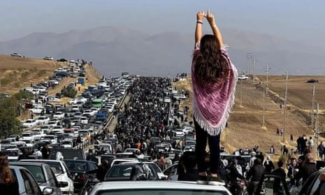 Iranian people protest the death of 22-year-old Mahsa Amini in Saqez, Kurdistan Province in October.