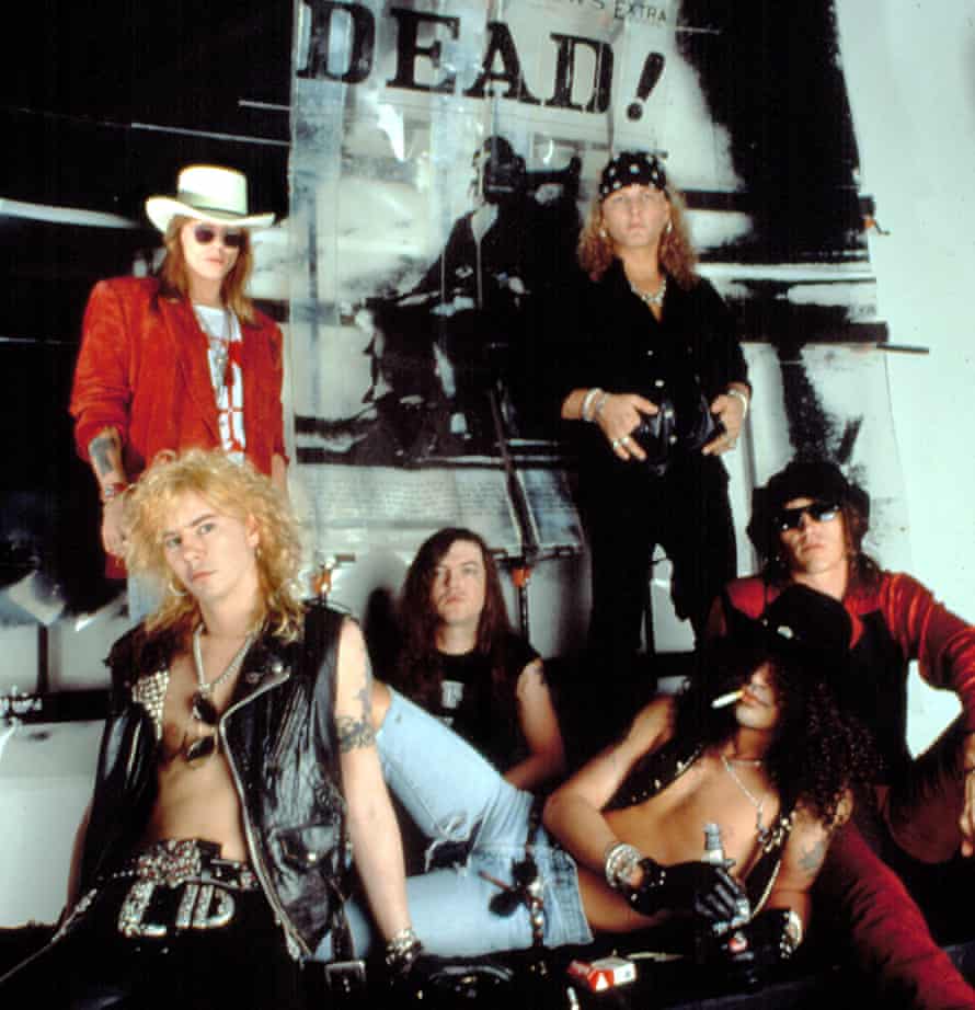 Axl Rose, Duff McKagan, Dizzy Reed, Matt Sorum, Slash and Izzy Stradlin circa 1990.