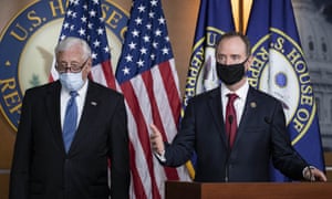 Steny Hoyer,left, and Adam Schiff during a news conference on Capitol Hill this morning after a closed-door White House briefing for leading Democrats on the Russia US military bounty scandal.