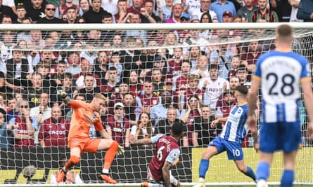 Douglas Luiz scores the first goal in Aston Villa’s 2-1 victory over Brighton at Villa Park.