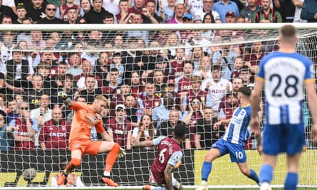 Douglas Luiz scores the first goal in Aston Villa’s 2-1 victory over Brighton at Villa Park.