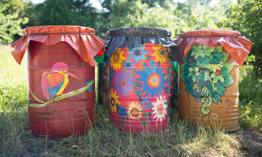 A trio of bins painted by the professional bin painter team