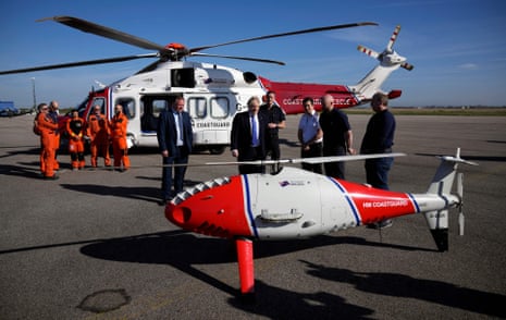Boris Johnson inspecting a drone used by HM Coastguard, for surveillance and rescue of migrants at Lydd Airport this morning.