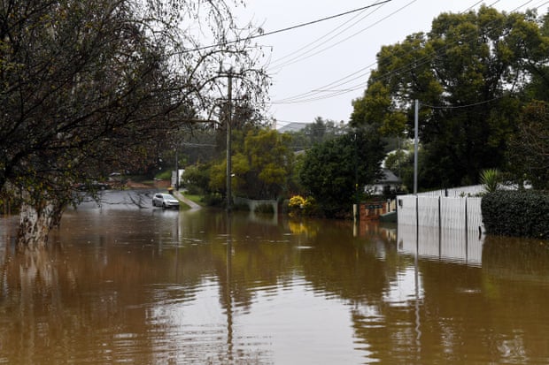 Residential properties and roads submerged under flood water from the swollen Hawkesbury River
