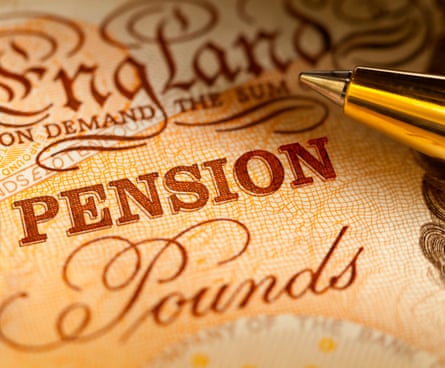 Pension written on £10 sterling bank note, and a ballpoint pen