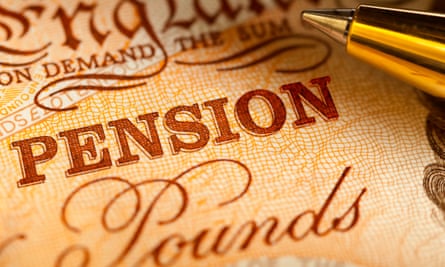 A Ten Pound sterling bank note with a pound coin and a ballpoint pen, with focus on the word Pension.