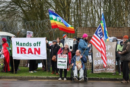 Anti-war protesters demonstrating outside the RAF Fairford airbase on Saturday.