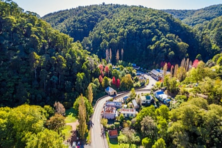 Aerial view: looking down mountain valley on historic buildings and dwellings in old gold mining town of Walhalla in autumn