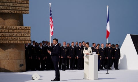 Emmanuel Macron attends the UK national commemorative event for the 80th anniversary of D-day in Saint-Laurent-sur-Mer, Normandy