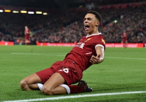 Trent Alexander-Arnold celebrates after driving an unstoppable finish in off the underside of the bar for the third goal in Liverpool’s five goal rout of Swansea City