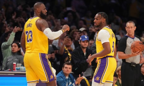 James and Son: LeBron and Bronny make history as they play together in Lakers opener | LeBron James | The Guardian