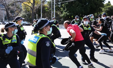 Protesters clash with police during the anti-lockdown protest in Melbourne