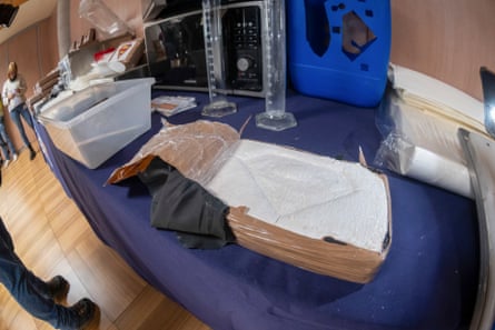 Cocaine paste seized during an operation carried out by Spanish and Portuguese police on a table during a press conference in Madrid, Spain, on 13 April 2023.