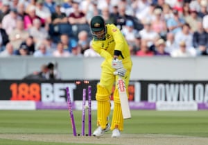 Stoinis, clean bowled by Wood for one.