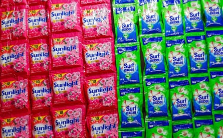 Plastic sachets of Unilever’s Sunlight and Surf Excel laundry detergent at a shop in Colombo, Sri Lanka