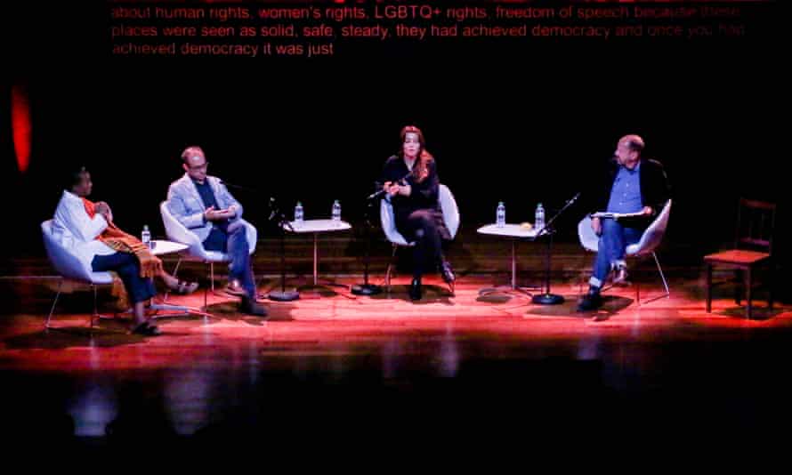 Left to right: Adjoa Andoh, Burhan Sonmez, Elif Shafak and Philippe Sands at the English PEN centenary event at the Southbank Center in September.