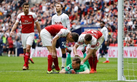 Arsenal’s Bernd Leno is congratulated by his team mates after his stunning double save.