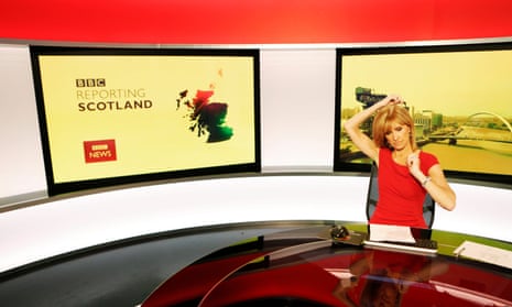 Jackie Bird, the presenter of the BBC programme Reporting Scotland, preparing for a broadcast at the corporation’s studios in Glasgow.