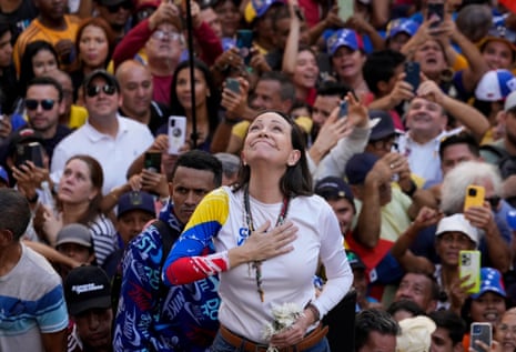 María Corina Machado addresses supporters at a protest against Nicolás Maduro in Caracas, Venezuela, on 9 January 2025.