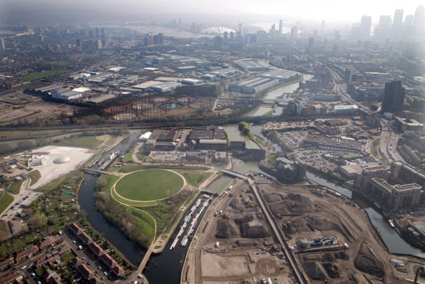 The Lea River Park from the air, showing its knot of waterways and mixed use for industry and housing.